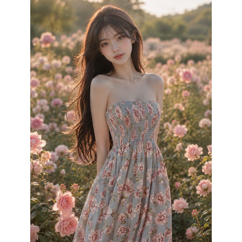 Soft Skies & Secret Gardens blooming cottagecore strapless smocked maxi dress